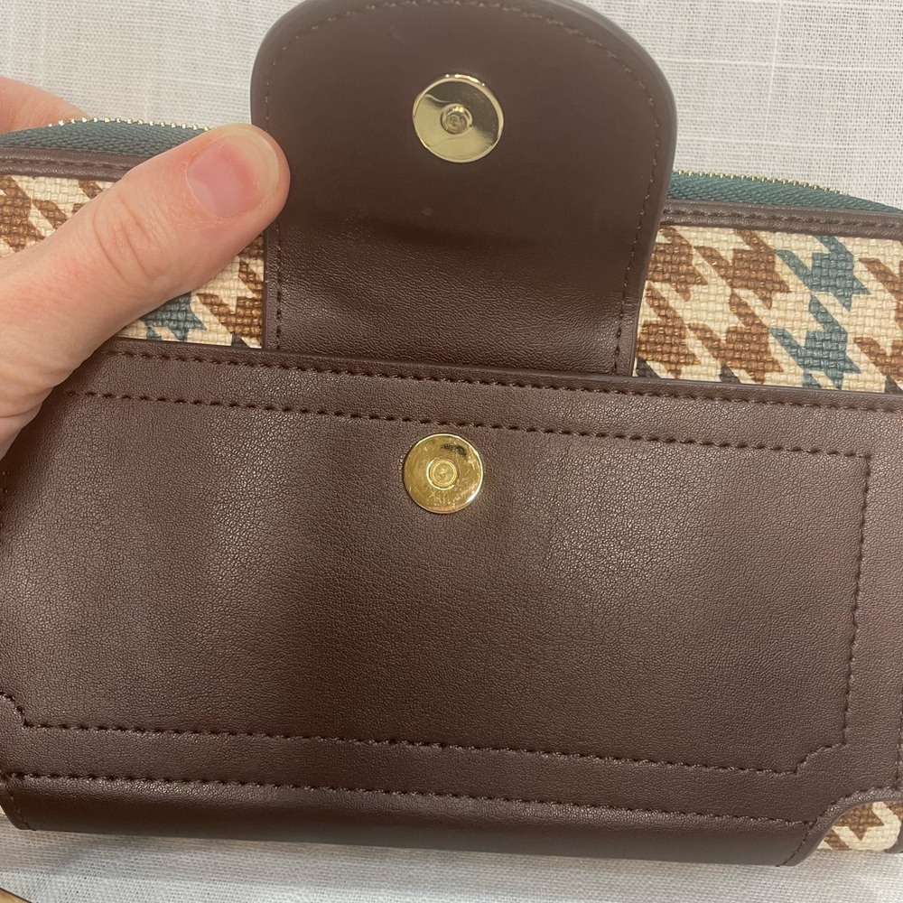 Spartina mini handbag crossbody leather linen wallet green brown houndstooth - Picture 4 of 14
